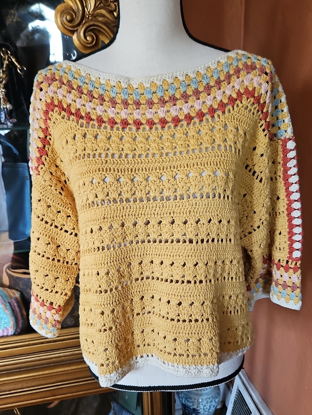 DRIFTWOOD Yellow Crochet Scoop-Neck Sweater with Multicolor Trim